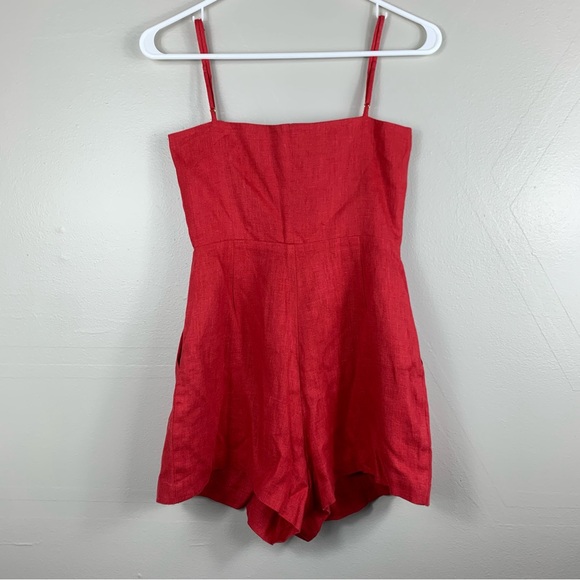 Reformation | Red Linen Mini Romper with pockets | Size 00 - Picture 6 of 12
